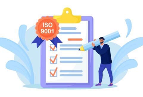 ISO 9001 quality management system, international certification. Businessman confirm, certify quality product in accordance with ISO 9001, standard quality control. Document standardization industry