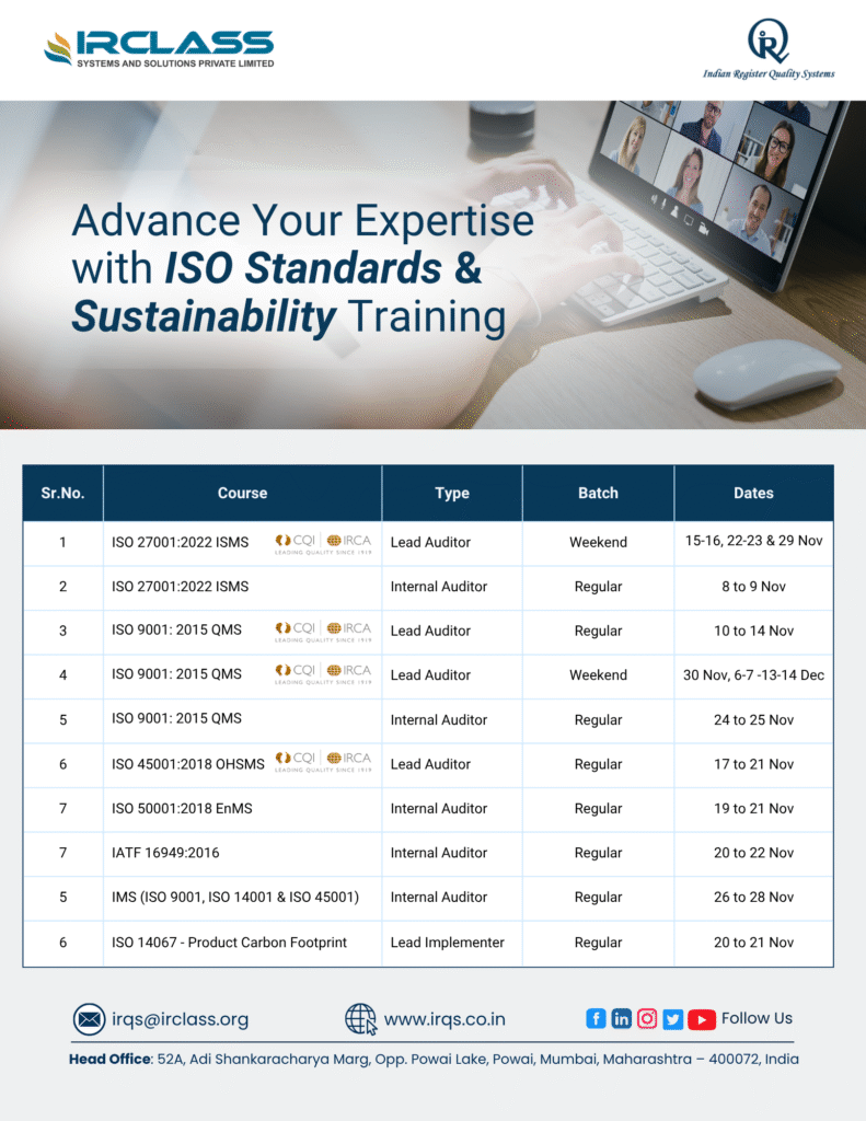Training Calendar Nov 2025 IRQS (Indian Register Quality Systems)
