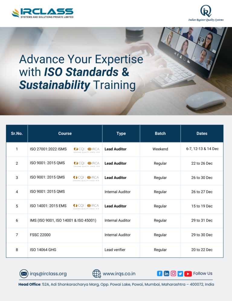 December Training Calendar IRQS (Indian Register Quality Systems)